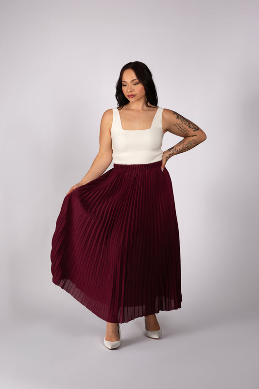 Burgundy Pleated Maxi Skirt (Pre-Sale)