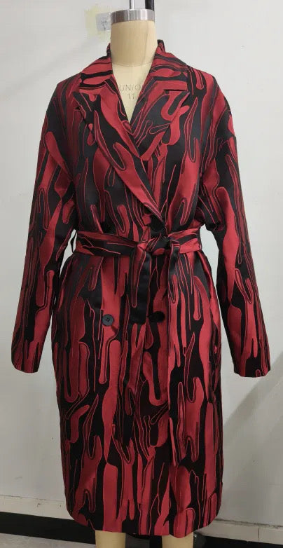 Red Brocade Trench Coat