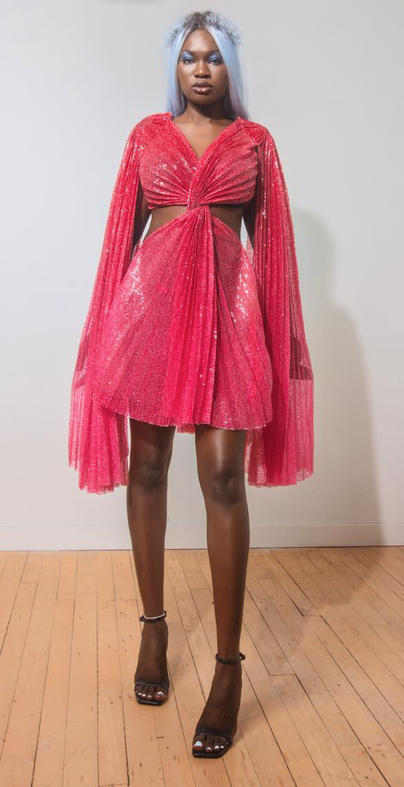 Pink Sequins Pleated Dress